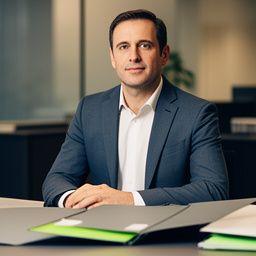 Maître Moreau en portrait, dossier ouvert sur un bureau sobre avec une posture calme et attentive