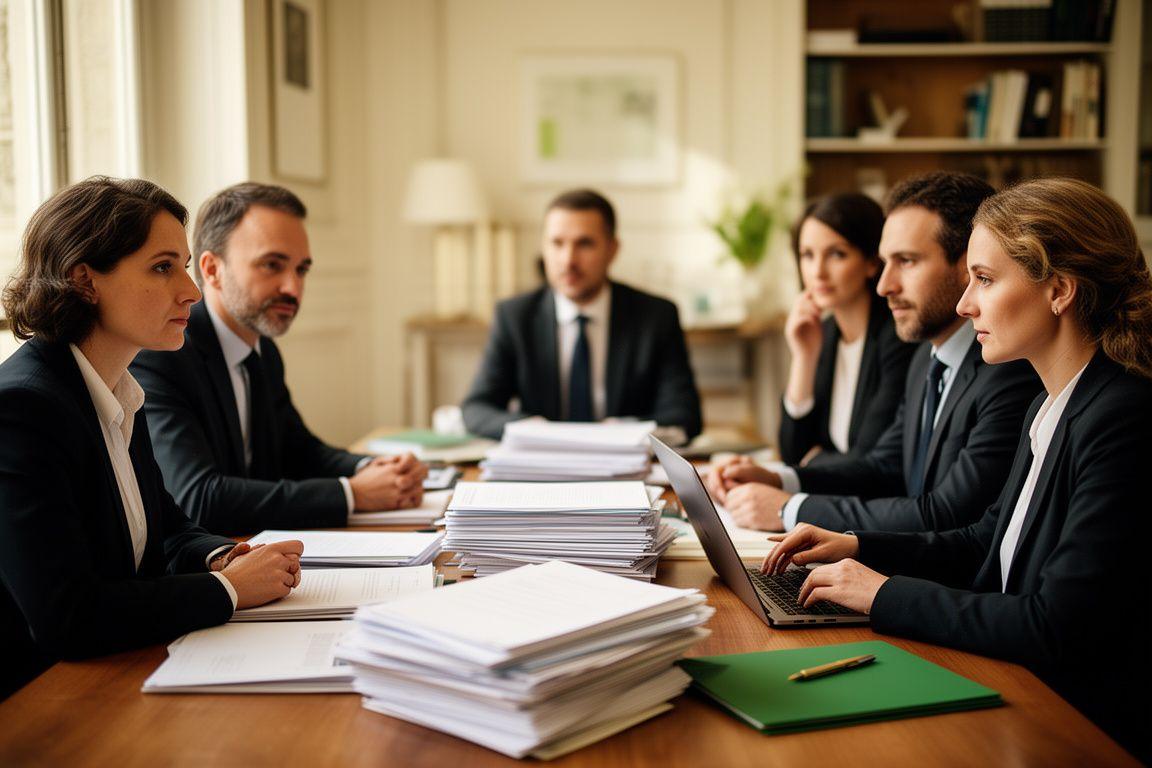 Équipe d'avocats en discussion stratégique dans un bureau parisien lumineux, documents juridiques ouverts sur une table en bois