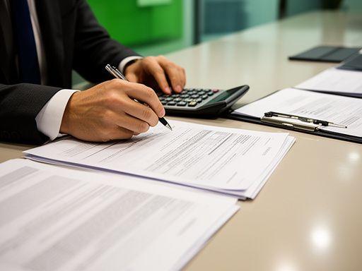 Corporate lawyer annotating a secured lending file at a polished meeting table with a calculator and documents